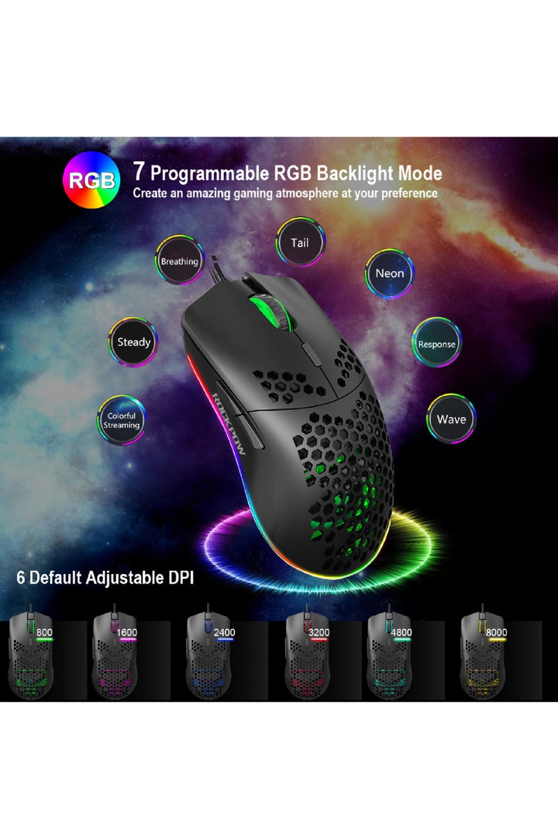 Rock Pow ROCK POW Honeycomb Gaming Mouse Ultralight High-Precision 8000 DPI Optical Sensor 6 Programmable Buttons RGB,Ergonomic Wired RGB Gaming Mice for Mac, Laptop, Computer - Image 5