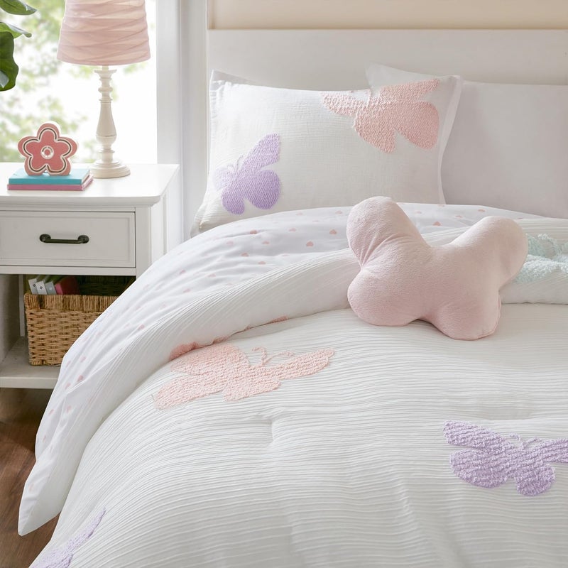Intelligent Design Kids Rio Twin Comforter Set â€“ Girlsâ€™ Reversible Tufted Chenille Bedding with Pastel Purple Butterflies and Pink Dot, 3pcs - Image 1