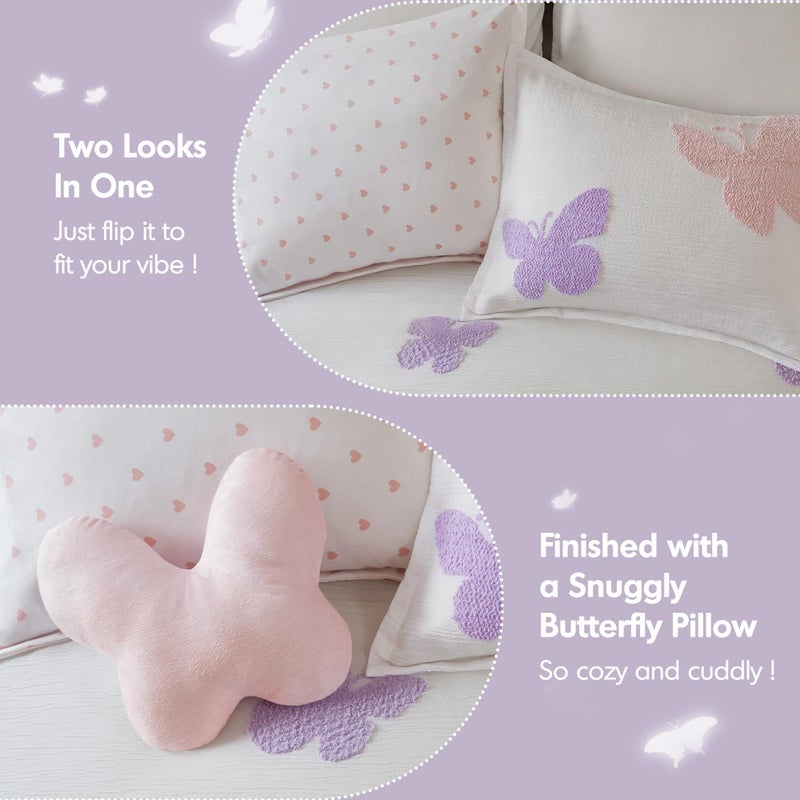 Intelligent Design Kids Rio Twin Comforter Set â€“ Girlsâ€™ Reversible Tufted Chenille Bedding with Pastel Purple Butterflies and Pink Dot, 3pcs - Image 5