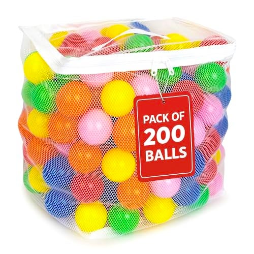 MW SPORTS Ball Pit Balls for Kids and Toddlers Plastic Crush Proof Phthalate BPA Free in Reusable Mesh Storage Bag Assorted Colors 200 Balls - Image 1
