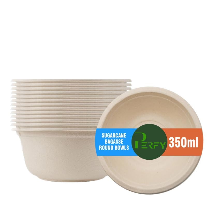 Perfy Disposable Bagasse Bowls (475ml)| Eco-Friendly, Biodegradable, Sugarcane Paper Bowls | for Serving Snacks & Dinner | Birthday & Wedding | Round, Beige(Pack of 25) - Image 1