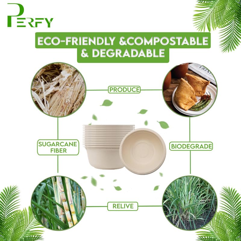 Perfy Disposable Bagasse Bowls (475ml)| Eco-Friendly, Biodegradable, Sugarcane Paper Bowls | for Serving Snacks & Dinner | Birthday & Wedding | Round, Beige(Pack of 25) - Image 2