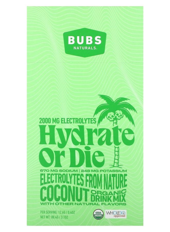 Hydrate or Die Organic Electrolyte Drink Mix Coconut  7 Sticks 0.4 oz (12.6 g) Each