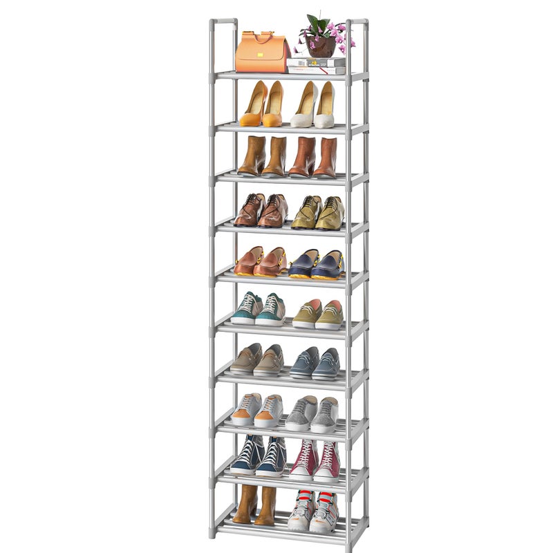 OYREL 10Tier Metal Shoe Rack Narrow Shoe Rack Organizer Sturdy Shoe Shelf for Closets Entryway Bedroom Garage  Silver