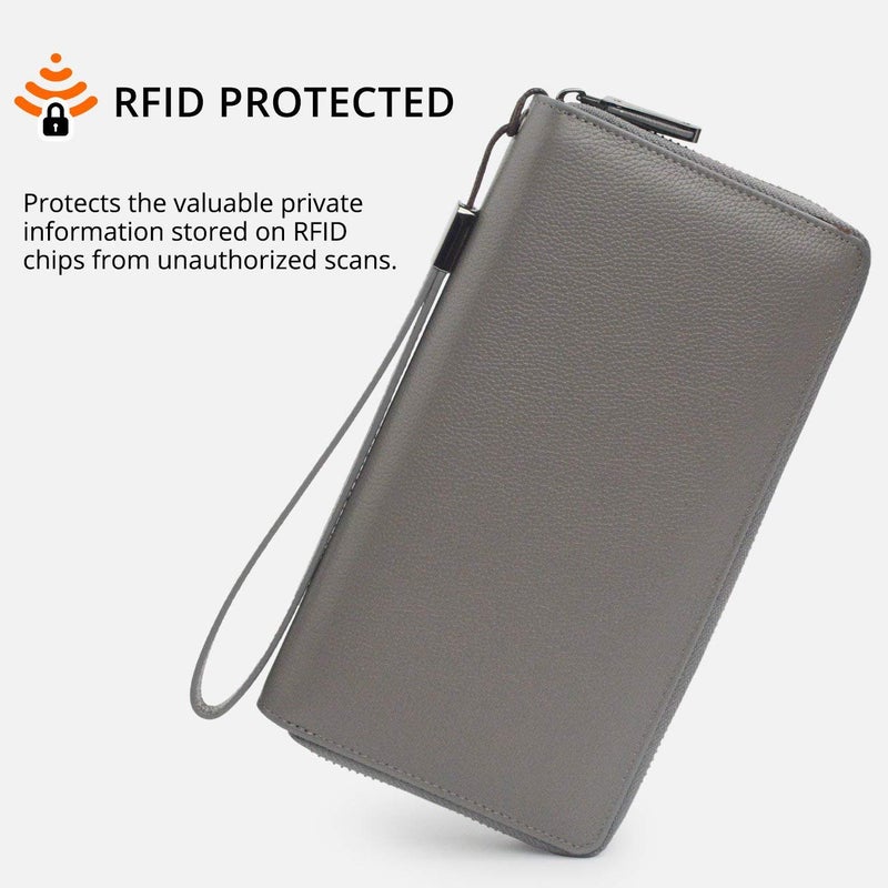 Bveyzi محفظة نسائية من بيفيزي مع حماية من RFID جلدية بسحاب حول الهاتف سعة كبيرة حقيبة سفر للسيدات حزام معصم (رمادي) - Image 3
