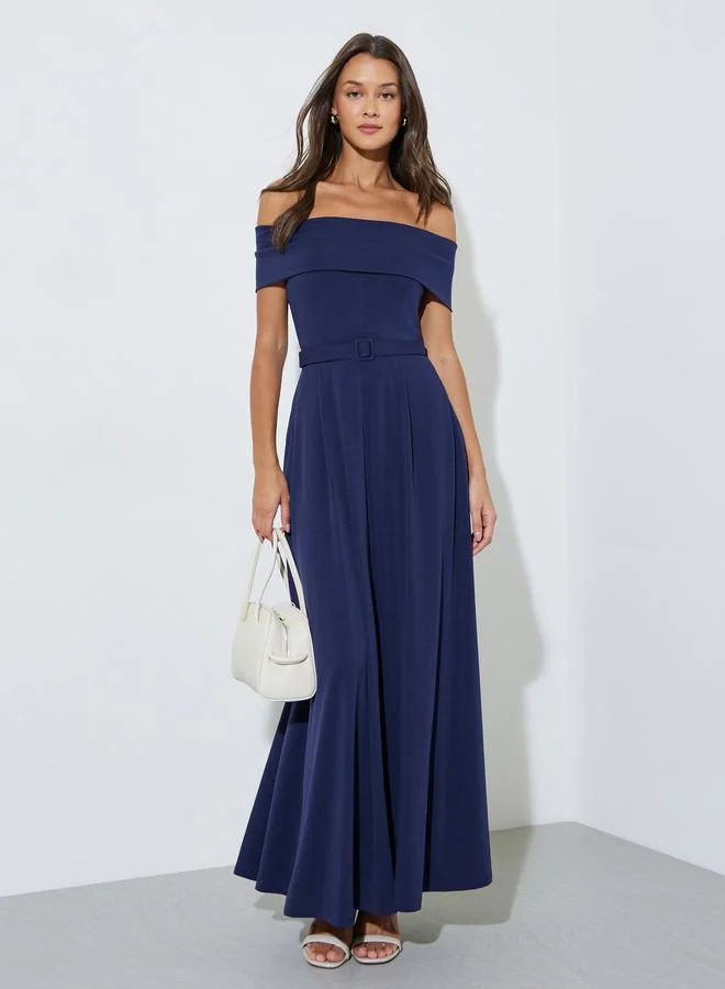 Navy Blue Off Shoulder Belted A-Line Maxi Dress