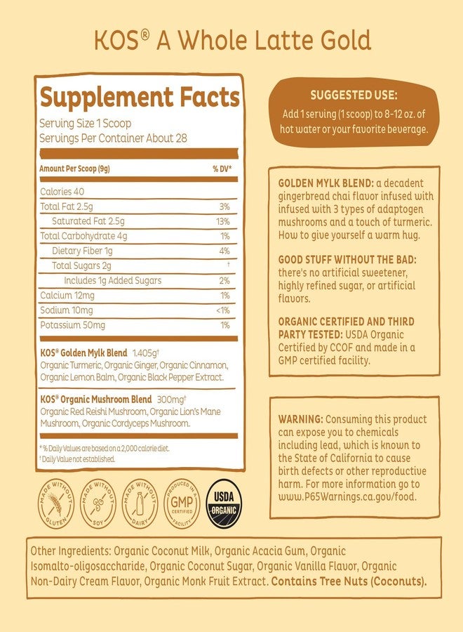 KOS Golden Mylk with Tumeric and Ginger, Organic Superfood Latte Powder, Adaptogen Mushroom Blend - Coffee Creamer, Dessert & Smoothie - Caffeine Free, Vegan, Dairy-Free, Gingerbread Chai, 28 Servings - Image 3