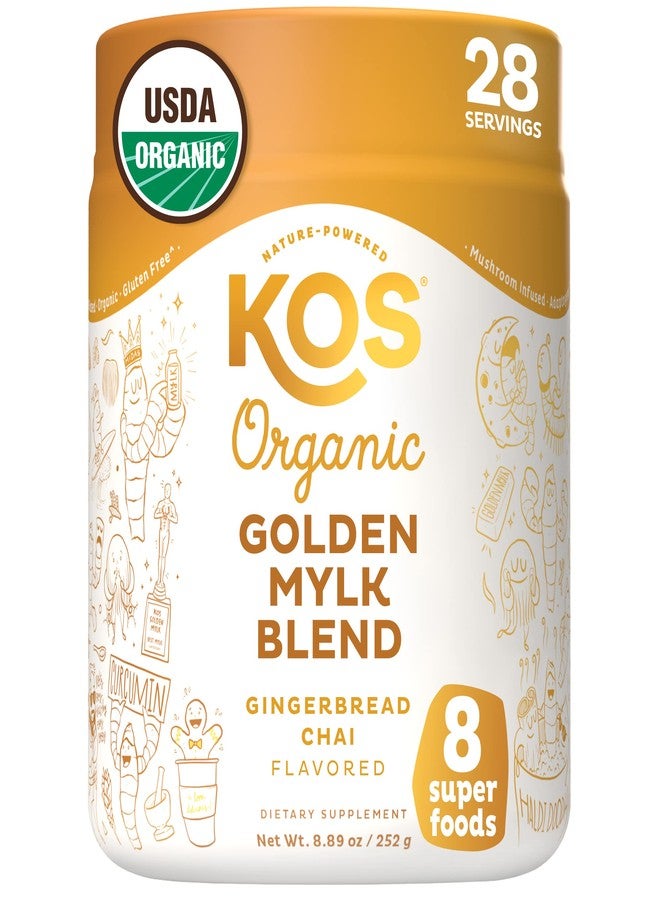 KOS Golden Mylk with Tumeric and Ginger, Organic Superfood Latte Powder, Adaptogen Mushroom Blend - Coffee Creamer, Dessert & Smoothie - Caffeine Free, Vegan, Dairy-Free, Gingerbread Chai, 28 Servings - Image 1