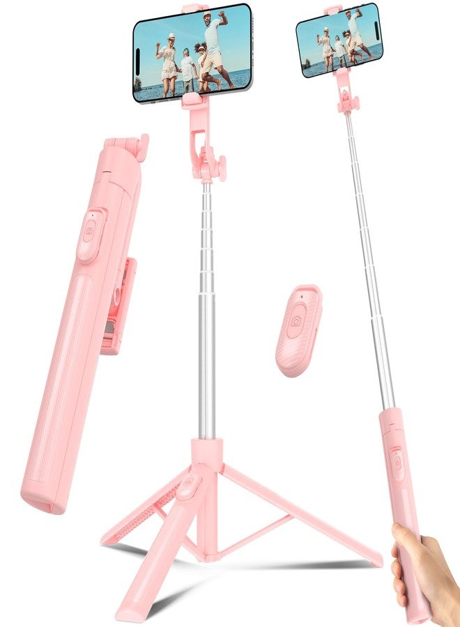 Liphisy Selfie Stick Travel Tripod for Cell Phone with Remote Control and Phone Holder, Extendable Selfie Stick for iPhone, iPhone Tripod for Video Recording, 63 Inch, Pink - Image 1