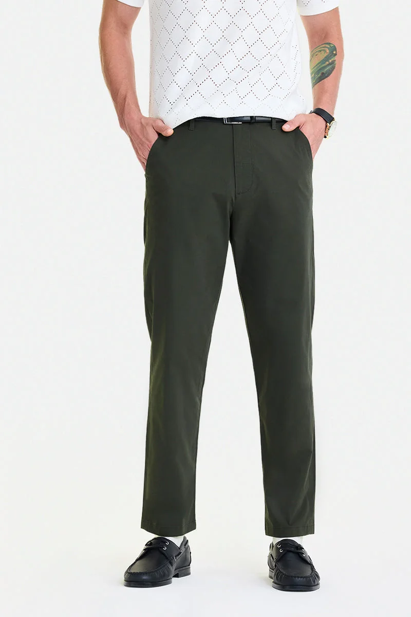 SNITCH Dark Green Solid Regular Fit Casual Trousers