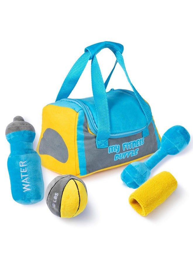 Plush Creations Talking Plush Baby Workout Toys | Baby Crossfit Toy | Plush Fitness Duffle Toy Set | 4 Talking Soft Plush Workout Gear | Medicine Ball, Dumbbells, Sweatband, & Water Bottle | Plush Duffle Bag Carrier  - Image 1