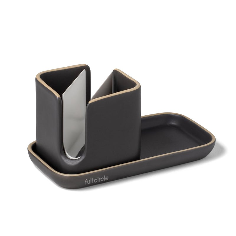 Full Circle Stash, Ceramic Kitchen Sink Caddy, Stylish Modular Sponge Holder & Dish Brush Organizer, Gray and White, 11" - Image 1