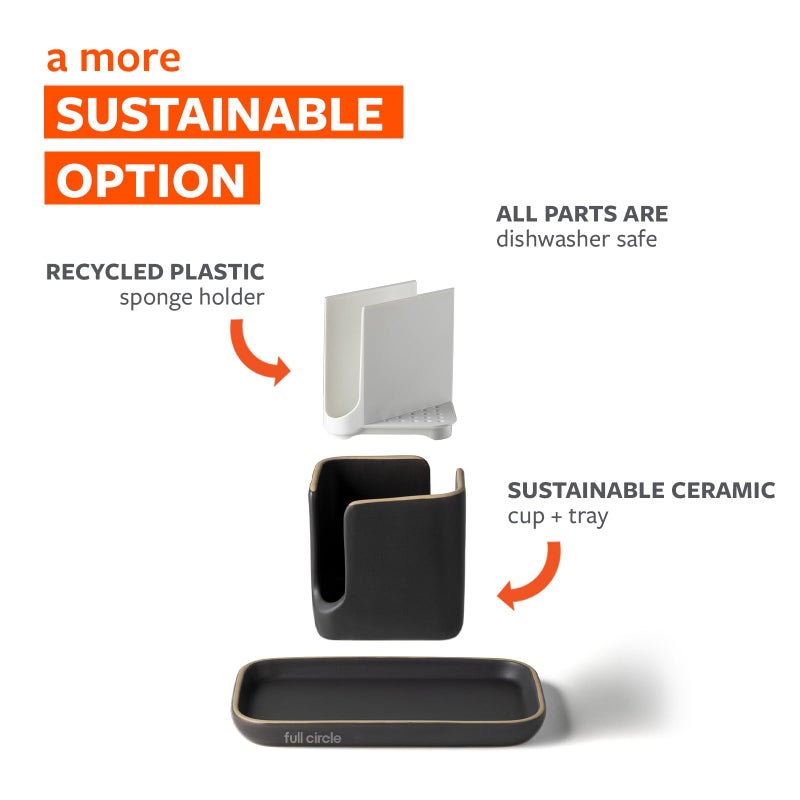 Full Circle Stash, Ceramic Kitchen Sink Caddy, Stylish Modular Sponge Holder & Dish Brush Organizer, Gray and White, 11" - Image 5