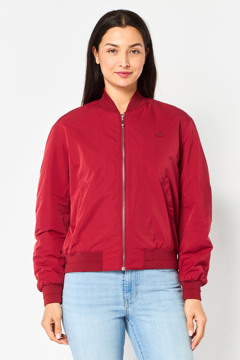 LACOSTE Women Brand Logo Windbreaker Jacket, Maroon - Image 1