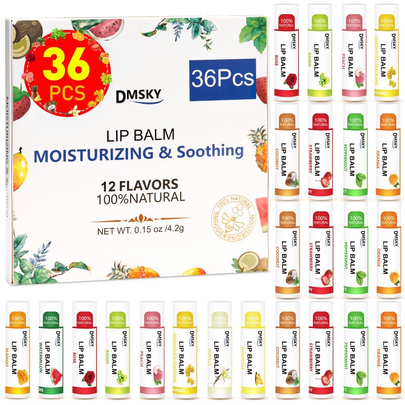 DMSKY Lip Balm 36 Pack, Natural Lip Balm Bulk with Vitamin E and Coconut Oil, Moisturizing Lip Care for Dry Chapped Lips, Party Favors-12 Flavors - Image 1