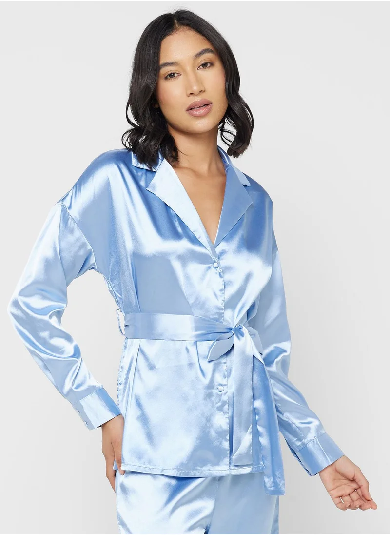 جينجر Satin Shirt & Pyjama Set With Belt
