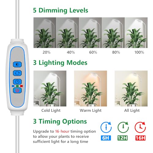 Aumtrly Floor Grow Lights for Indoor Plants, Full Spectrum Plant Light with 68" Stand for Growing Large Tall Plants, White Halo Grow Lamp with 6/12/16H Timer, 3 Light Modes, 5 Dimming - Image 2