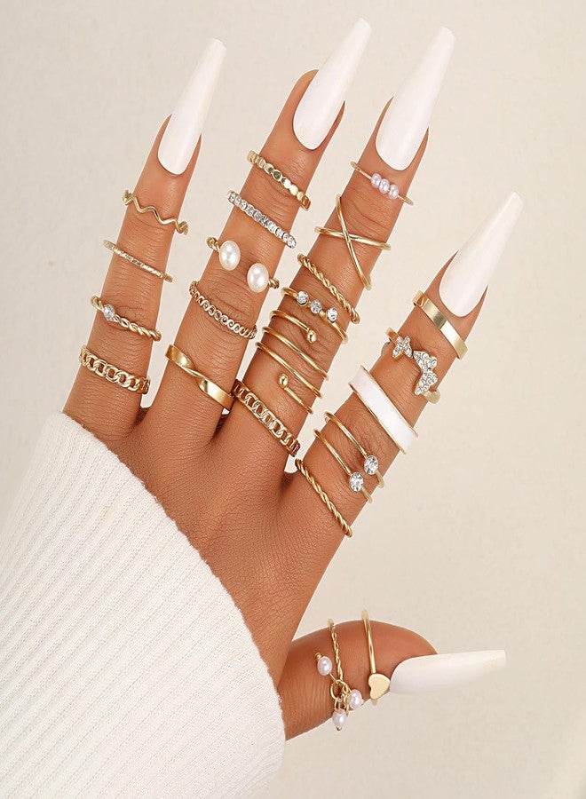 FUTIMELY 24Pcs Gold Knuckle Joint Midi Ring Set, Vintage Stackable Pearl Cubic Zirconia Heart Finger Ring, Dainty Crystal Jewelry Gift for Women (Pearl) - Image 4