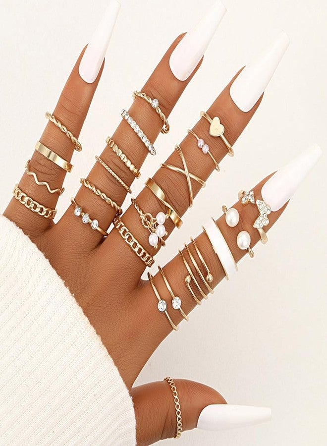 FUTIMELY 24Pcs Gold Knuckle Joint Midi Ring Set, Vintage Stackable Pearl Cubic Zirconia Heart Finger Ring, Dainty Crystal Jewelry Gift for Women (Pearl) - Image 3