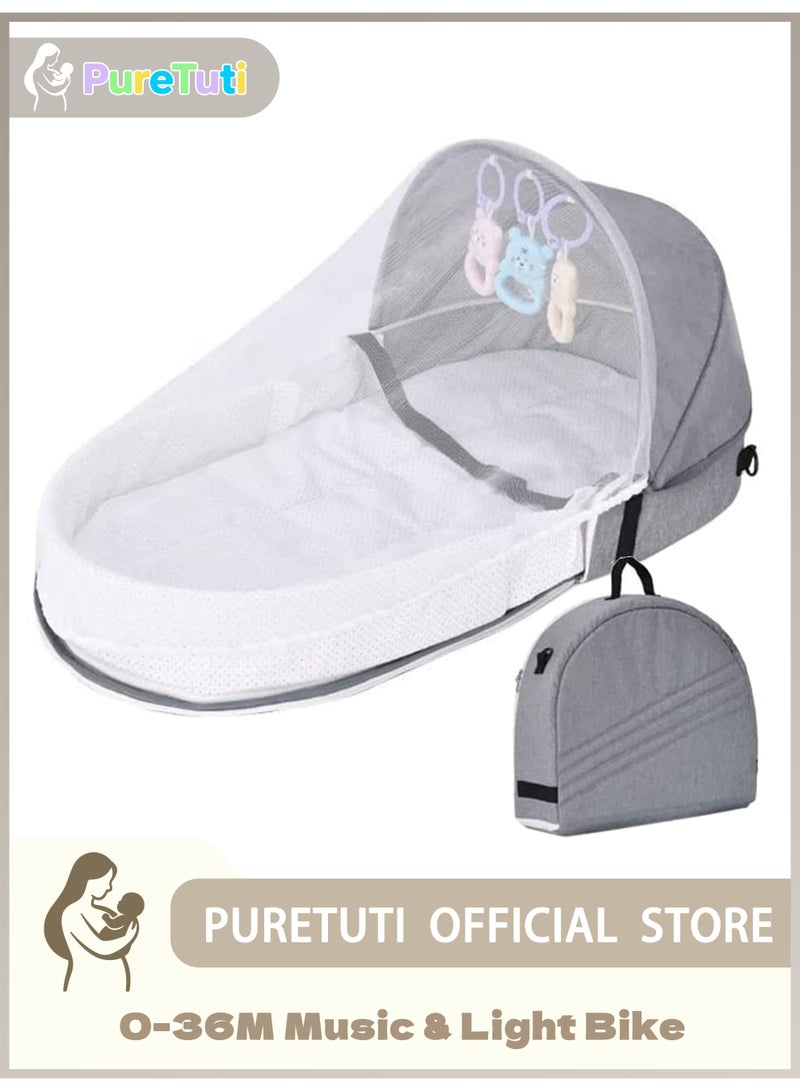 PureTuti Baby Travel Cot with Mosquito Net and Awning, Foldable Baby Tent, Washable Crib Bionic Travel Bed Breathable Cradle Cot, Portable Baby Cots, Foldable Baby Cots with Mosquito Net (Grey) - Image 1