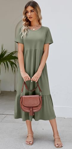 Jeqeocafy Summer Dresses for Women Flowy Maxi Sundress Short Sleeve Tiered Beach Dress with Pockets 2026 Vacation Travel Army Green - Image 3