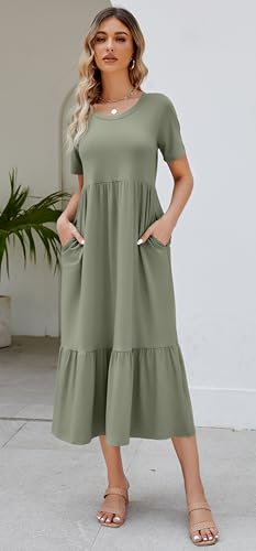Jeqeocafy Summer Dresses for Women Flowy Maxi Sundress Short Sleeve Tiered Beach Dress with Pockets 2026 Vacation Travel Army Green - Image 2