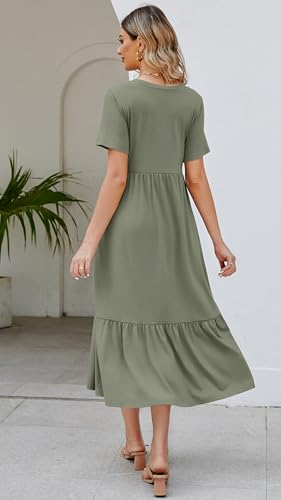 Jeqeocafy Summer Dresses for Women Flowy Maxi Sundress Short Sleeve Tiered Beach Dress with Pockets 2026 Vacation Travel Army Green - Image 4