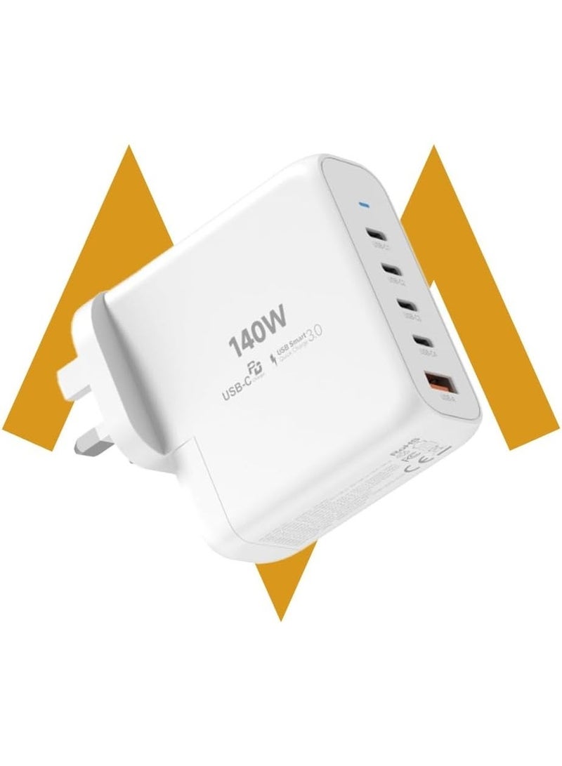 7MD 140W GaN Fast Adapter - 5 Port USB C USB A Hub, Ultra Fast Multi Device Smart IC Travel Wall Plug, Compact High Efficiency Energy Delivery Hub for Electronics (White) - Image 1