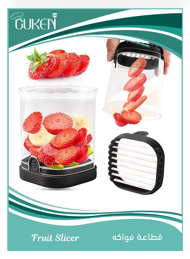 ساكن كوب تقطيع الفاكهة، قطاعة الفراولة والموز، قطاعة فواكه قابلة للفصل مع لوحة دفع، أداة مطبخ مبتكرة لتقطيع الفراولة (أسود) - Image 1