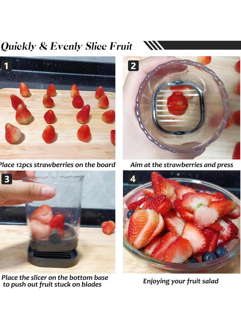 ساكن كوب تقطيع الفاكهة، قطاعة الفراولة والموز، قطاعة فواكه قابلة للفصل مع لوحة دفع، أداة مطبخ مبتكرة لتقطيع الفراولة (أسود) - Image 5