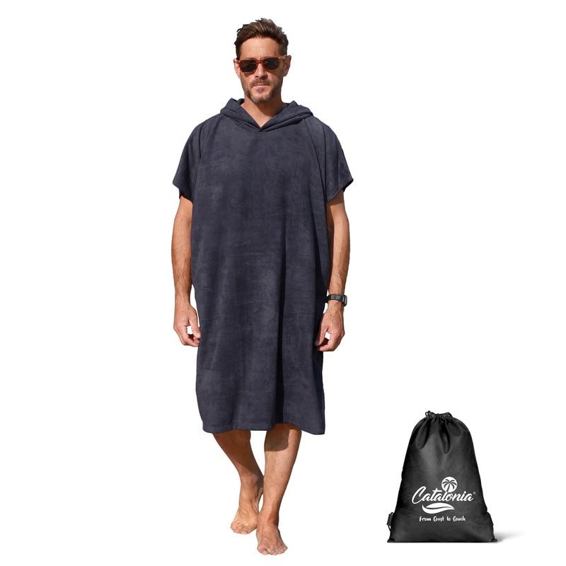 Catalonia Absorbent Surf Poncho Men Women Quick Dry Towel Changing Poncho Hooded Towel Robe Adult Beach Surfing Swimming Black
