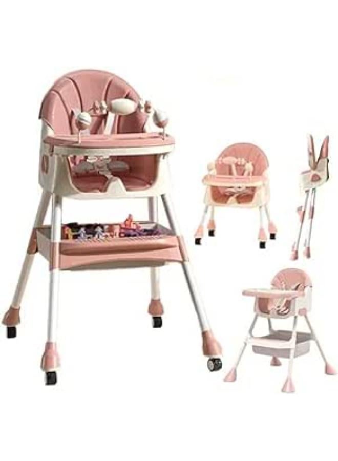 umbrella Umbrella 4-In-1 Convertible High Chair With Adjustable Height And Footrest, Toddler Feeding Booster Seat With Tray, Wheels, Seat Belt And Pillow 6 Months To 4 Years (Pink) 