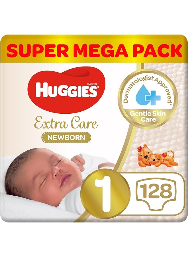 HUGGIES Extra Care Newborn Size 1 Up To 5 Kg Twin Jumbo Pack 128 Diapers - Image 1