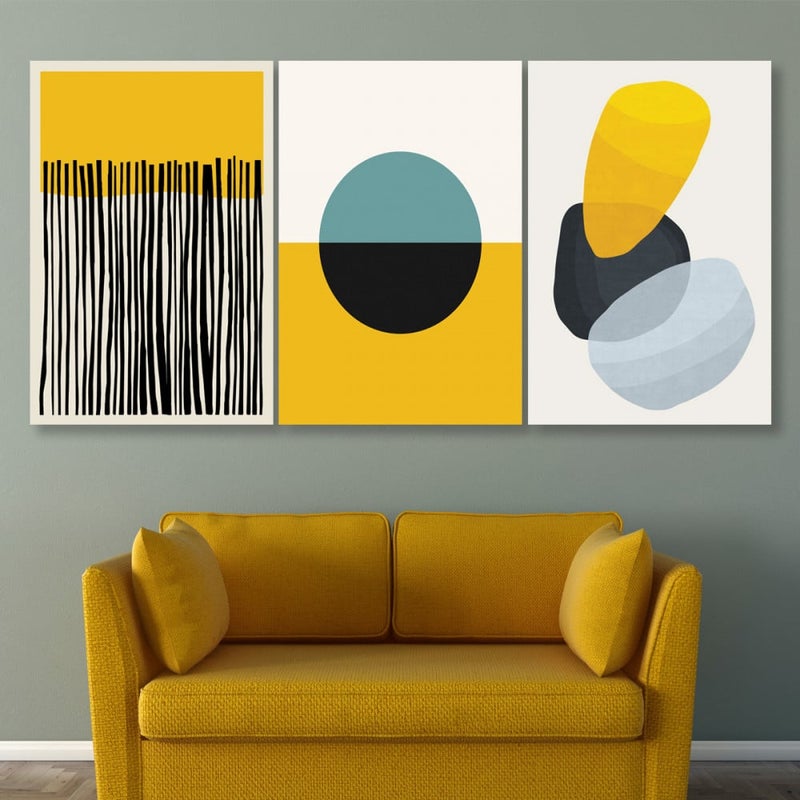 Marktna Three canvas panels with an abstract art design and a hollow frame, measuring (150×70), three pieces - Image 1