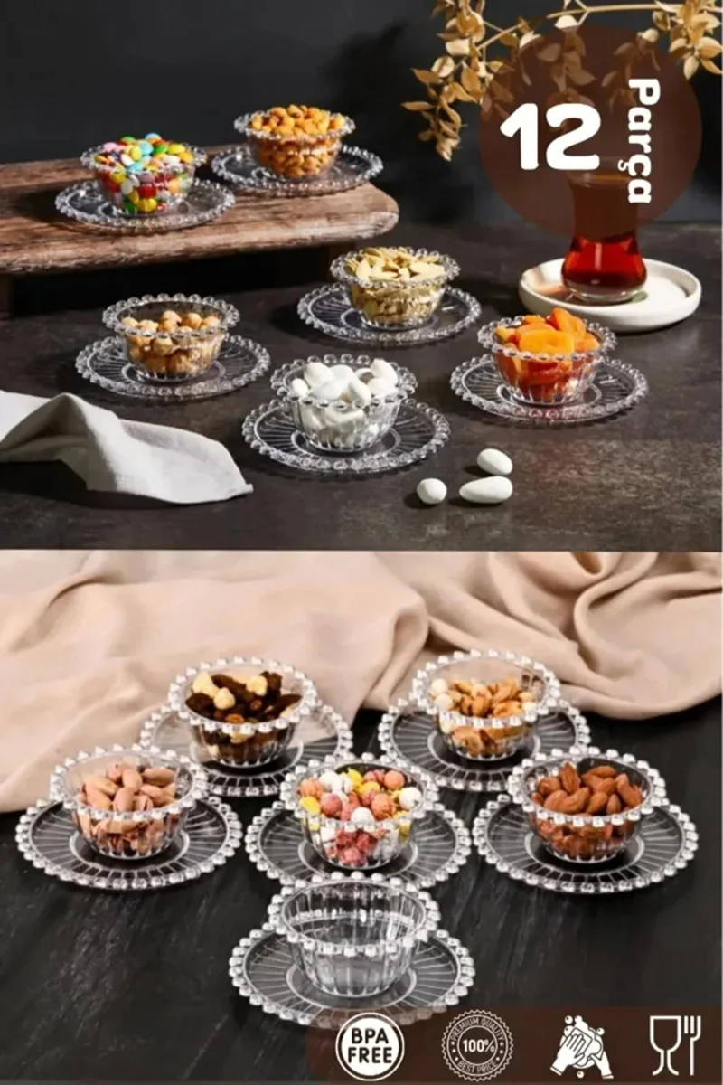 Safestore 12 Piece Beaded Breakfast Set, Sauce Bowl, Snack Bowl, Sugar Bowl, Tea Cup Saucer (Not Glass).