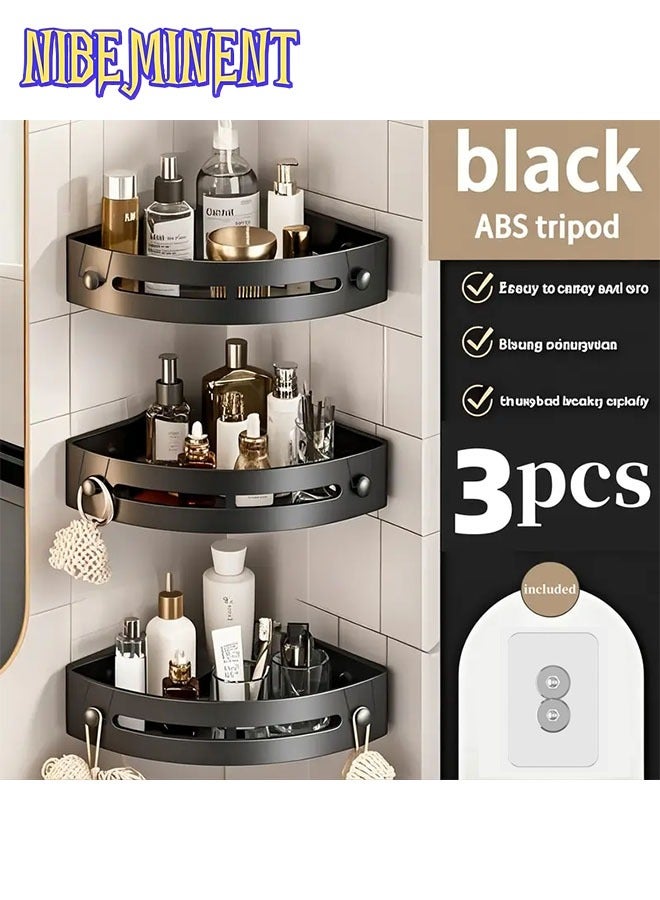 NIBEMINENT 3 Pack Bathroom Shower Shelves with 6 Hooks, Corner Shower Caddy Shelf Organizer Rack, Rustproof Bathroom Shower Storage Baskets, Wall Organization Storage Shelves Basket for Bathroom - Image 1
