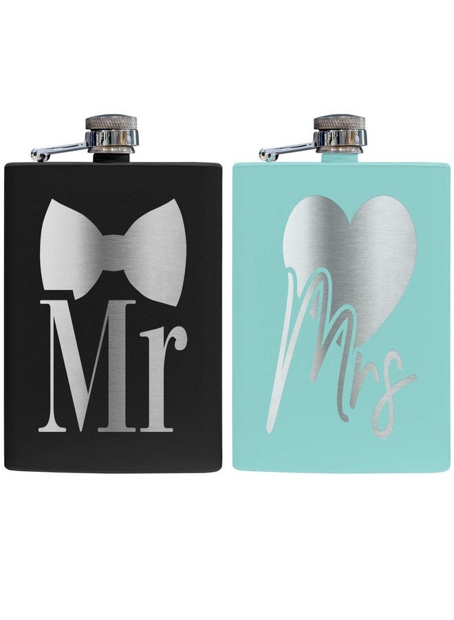 PlaqueMaker 6 oz Mr and Mrs Flask Set | Black and Teal with Silver Engraving | Weddings, Gifts, Celebrations, Anniversaries - Image 3