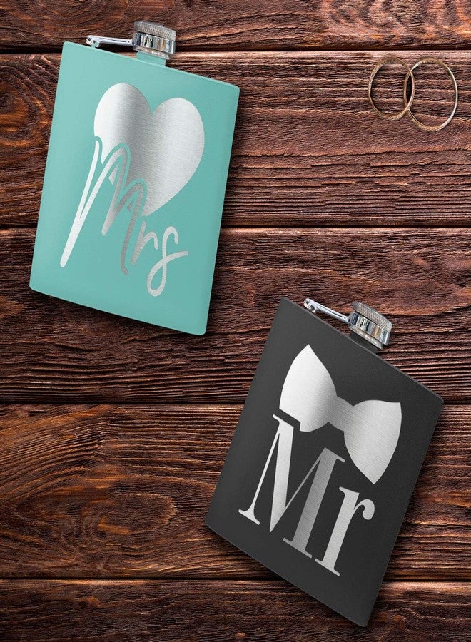 PlaqueMaker 6 oz Mr and Mrs Flask Set | Black and Teal with Silver Engraving | Weddings, Gifts, Celebrations, Anniversaries - Image 5