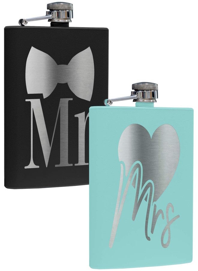 PlaqueMaker 6 oz Mr and Mrs Flask Set | Black and Teal with Silver Engraving | Weddings, Gifts, Celebrations, Anniversaries - Image 1