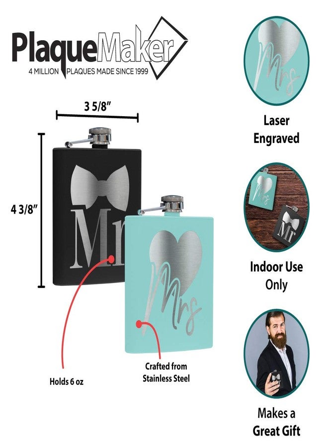 PlaqueMaker 6 oz Mr and Mrs Flask Set | Black and Teal with Silver Engraving | Weddings, Gifts, Celebrations, Anniversaries - Image 4