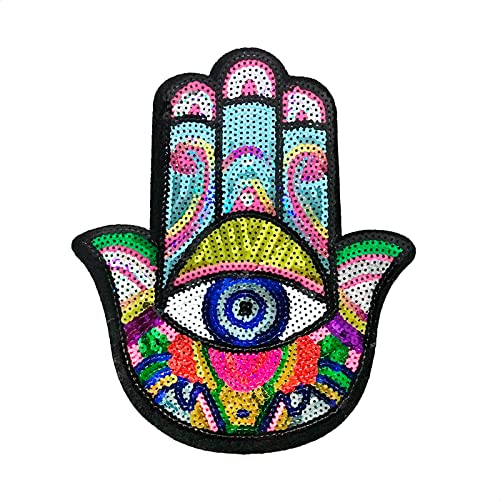 Reluen Hand of Evil Eye Patch for Adults - Embroidery Patch Decorative Sequin Iron on Patches Iron on or Sew on Patches Large Patches for Jackets - Sequin Patches for Jeans Badge Patch Applique for Clothes - Image 1
