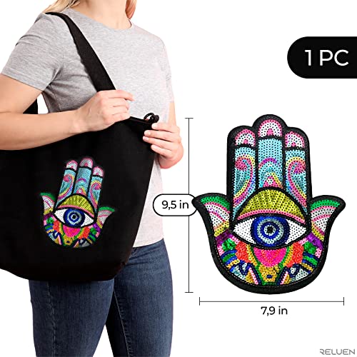 Reluen Hand of Evil Eye Patch for Adults - Embroidery Patch Decorative Sequin Iron on Patches Iron on or Sew on Patches Large Patches for Jackets - Sequin Patches for Jeans Badge Patch Applique for Clothes - Image 2