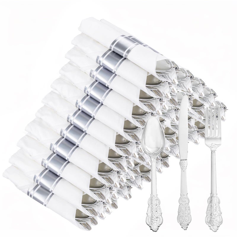 WELLIFE 200pcs Silver Plastic Silverware for 50 Guests  Plastic Utensils Set Include 50 Forks  50 Knives  50 Spoons and 50 Pre Rolled Napkins  Disposable Cutlery for Party and Wedding - Image 1