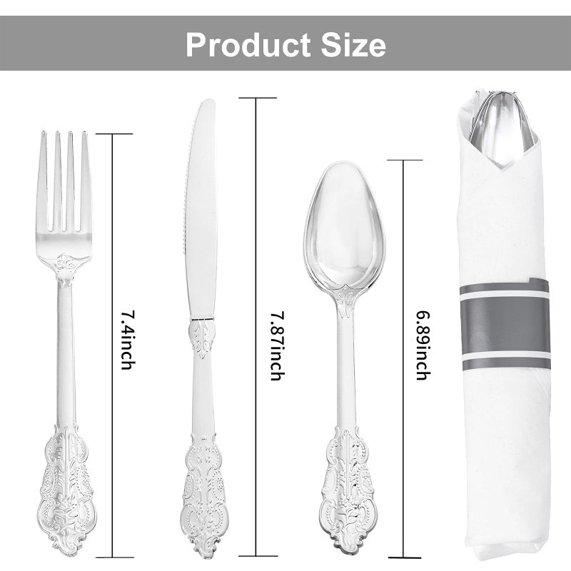 WELLIFE 200pcs Silver Plastic Silverware for 50 Guests  Plastic Utensils Set Include 50 Forks  50 Knives  50 Spoons and 50 Pre Rolled Napkins  Disposable Cutlery for Party and Wedding - Image 2
