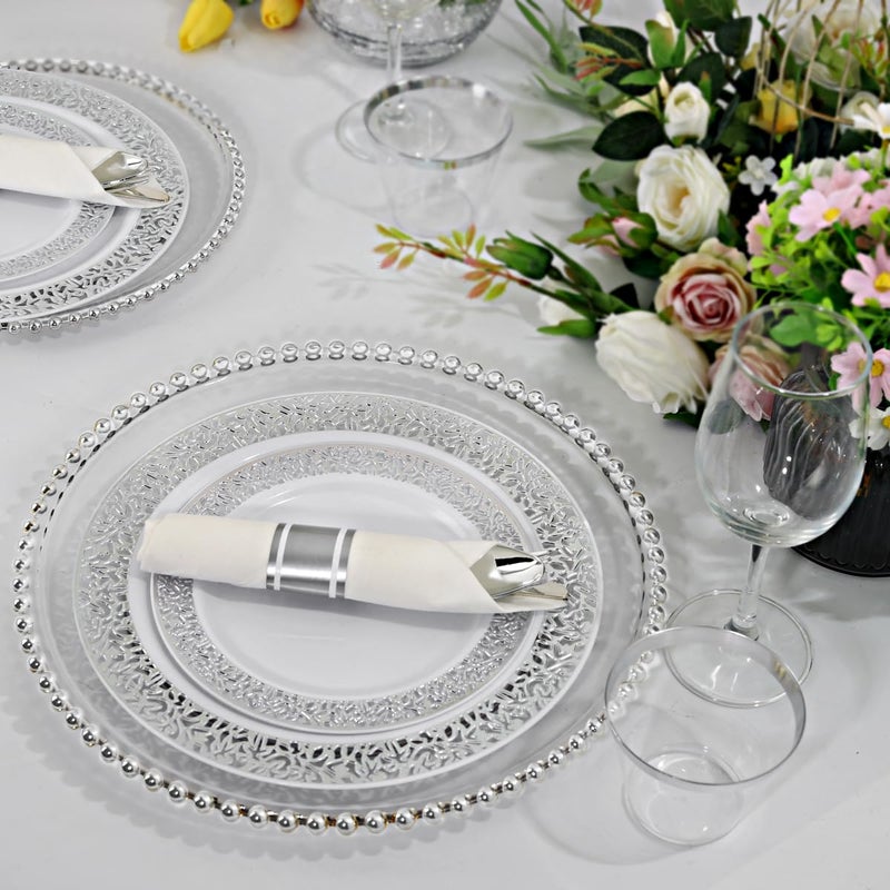 WELLIFE 200pcs Silver Plastic Silverware for 50 Guests  Plastic Utensils Set Include 50 Forks  50 Knives  50 Spoons and 50 Pre Rolled Napkins  Disposable Cutlery for Party and Wedding - Image 5