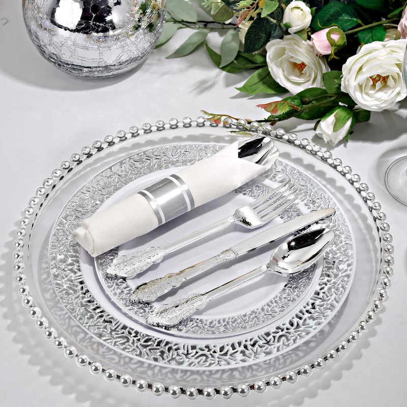 WELLIFE 200pcs Silver Plastic Silverware for 50 Guests  Plastic Utensils Set Include 50 Forks  50 Knives  50 Spoons and 50 Pre Rolled Napkins  Disposable Cutlery for Party and Wedding - Image 3