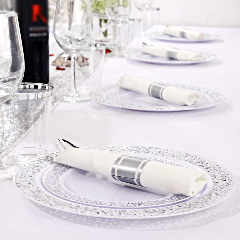 WELLIFE 200pcs Silver Plastic Silverware for 50 Guests  Plastic Utensils Set Include 50 Forks  50 Knives  50 Spoons and 50 Pre Rolled Napkins  Disposable Cutlery for Party and Wedding - Image 4