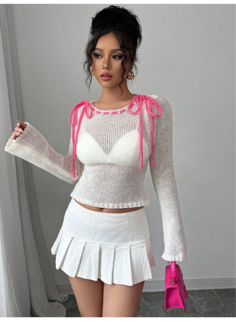 SHEIN Women's Elegant Tie Bow Knitted Slim Fit Pullover Sweater Fall Winter Outfit - Image 2