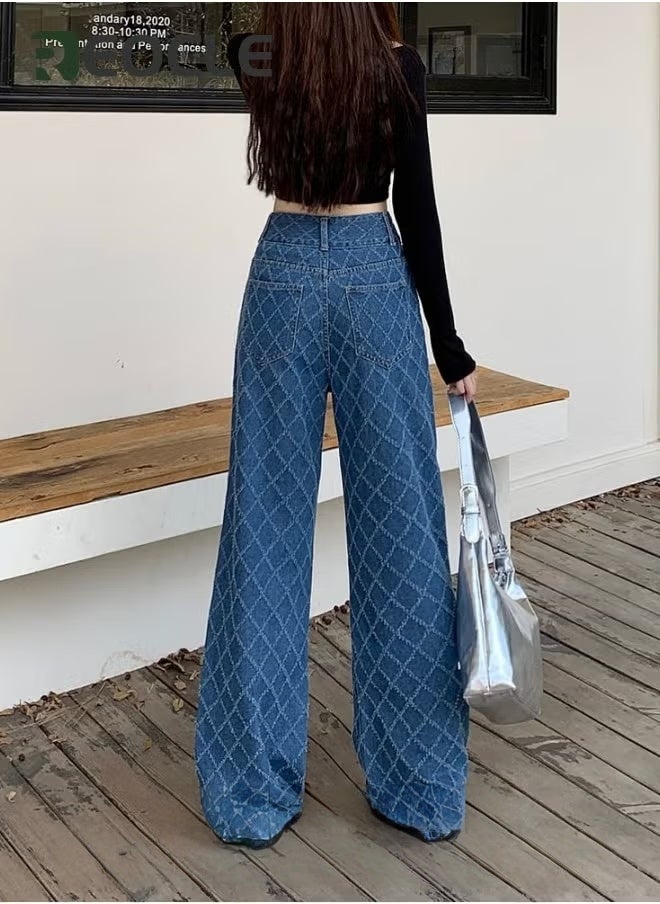 REOCLE Wide Leg Jeans for Women Luxury Trendy High Waisted Trousers with Retro Checkered Pattern and Metal Button Stretchy Denim Pants for Travel Date Party - Image 2