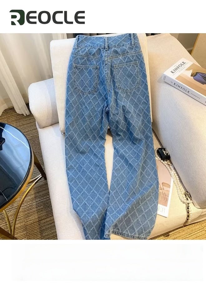 REOCLE Wide Leg Jeans for Women Luxury Trendy High Waisted Trousers with Retro Checkered Pattern and Metal Button Stretchy Denim Pants for Travel Date Party - Image 4
